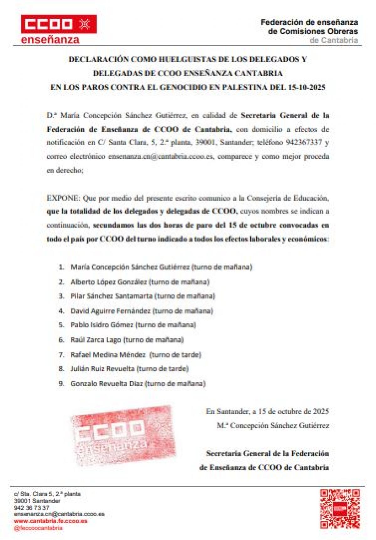 Declaración de los delegados de CCOO: secundamos el paro por Palestina