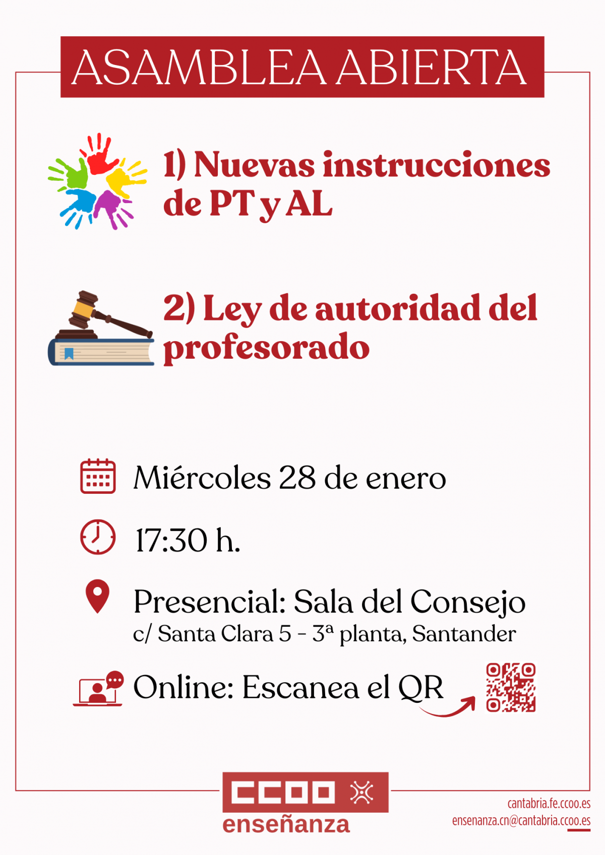 Asamblea abierta sobre las nuevas instrucciones de PT y AL y sobre la Ley de Cantabria de autoridad del profesorado