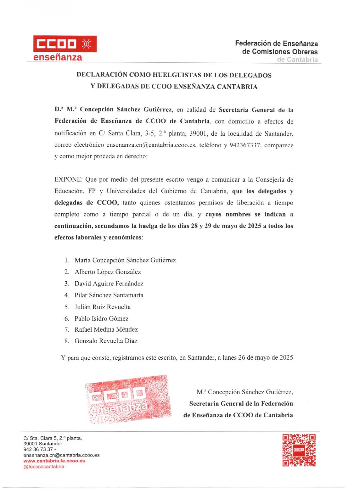 Declaracin huelguistas CCOO 28 y 29 mayo